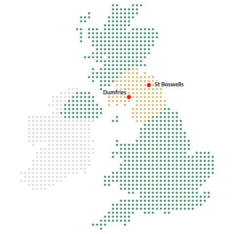 Map of UK showing areas where Border Tank Services operate